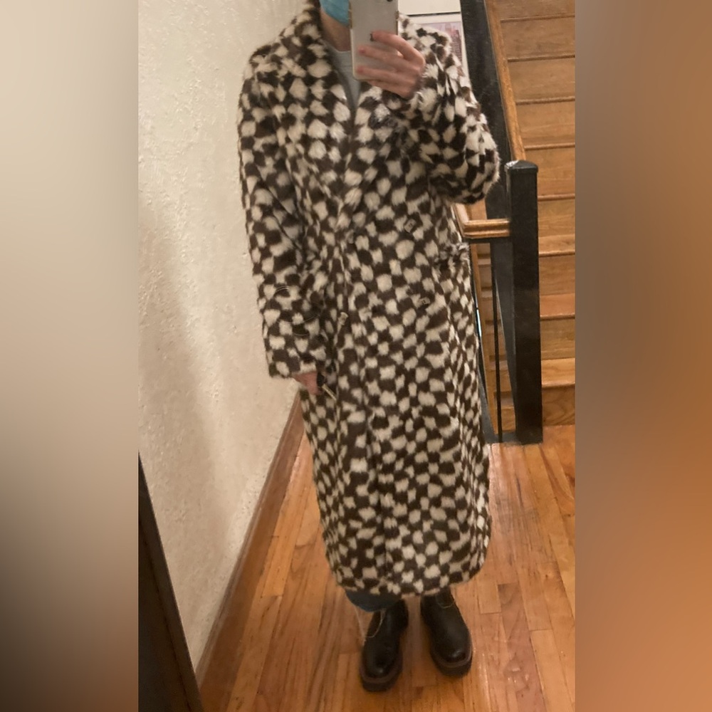 Checkered faux fur super warm Long Coat - Picture 8 of 8